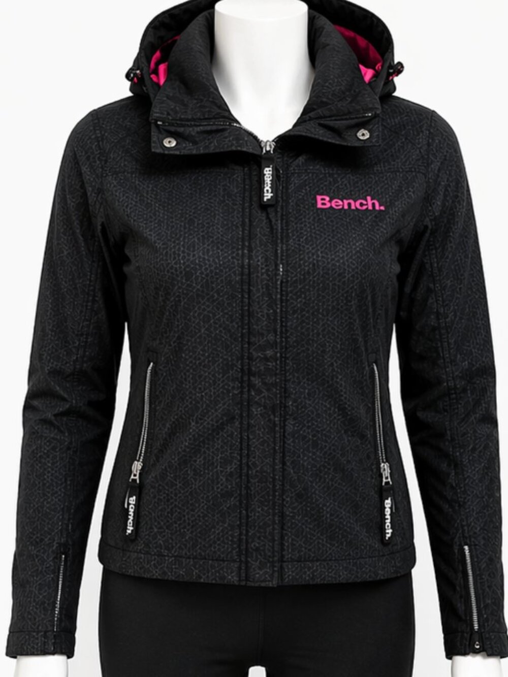 Bench Women’s Hooded Jacket Black Grey Small (S) Full Zip Pink Logo Casual